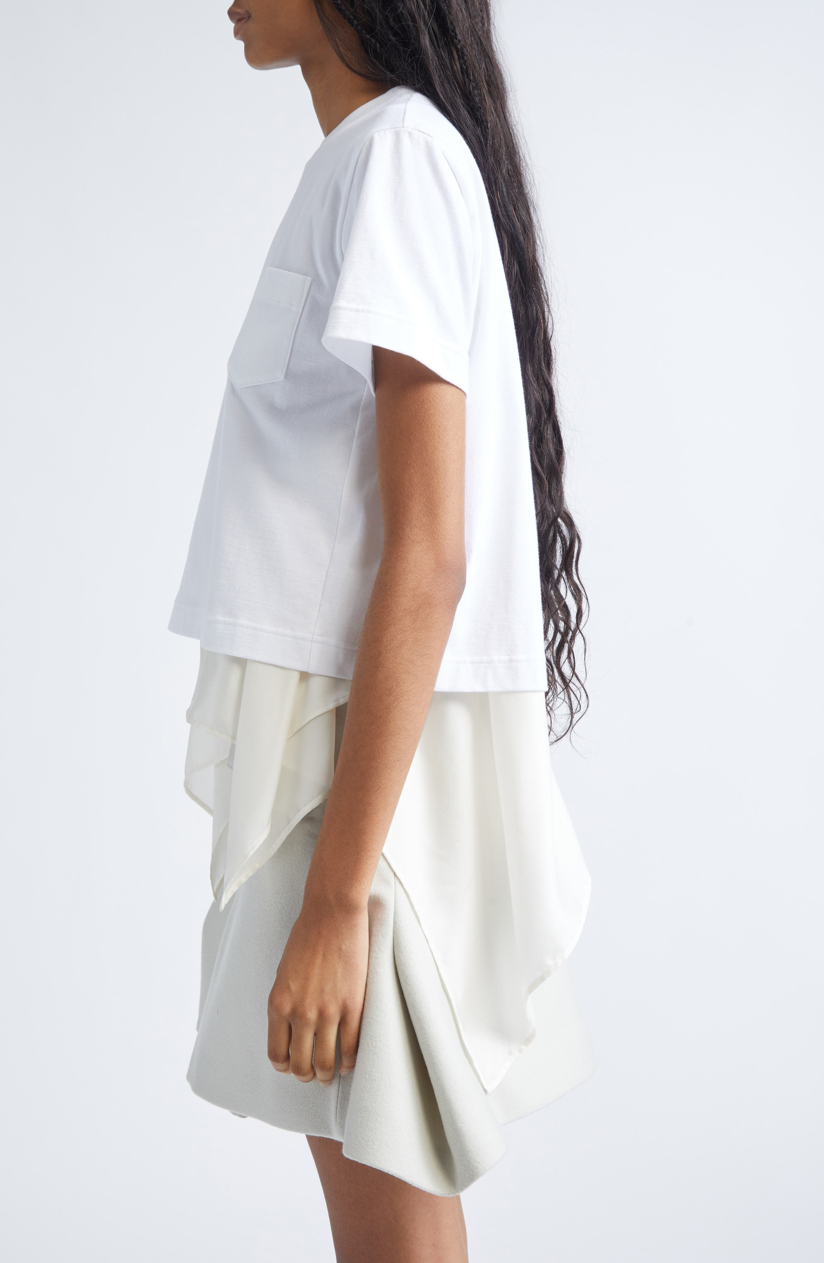 Sacai Mixed Media Satin & Cotton Jersey Pocket T-Shirt in Off White/Ecru at Nordstrom - 4