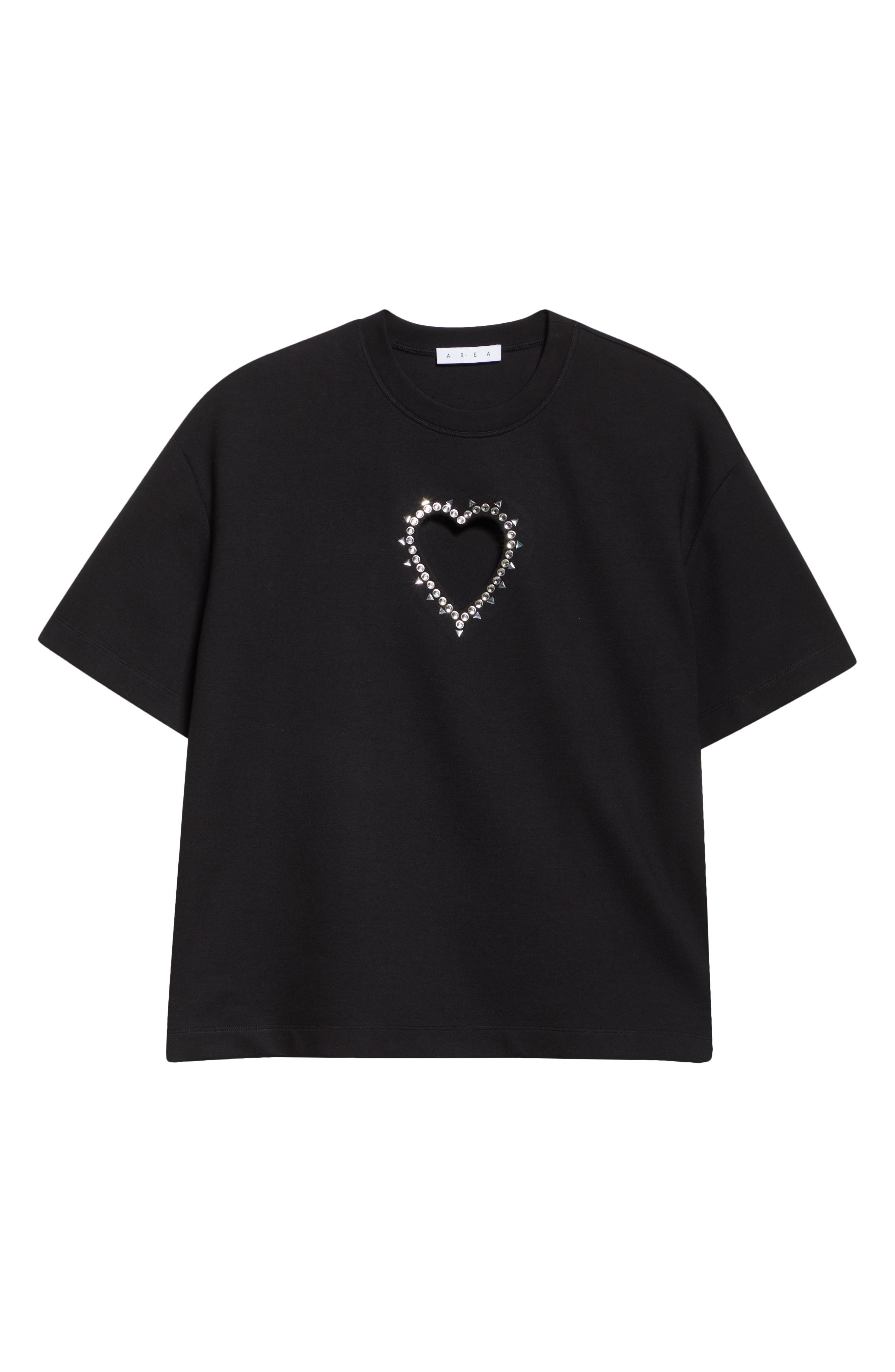 Area Crystal Trim Heart Cutout Relaxed Fit T-Shirt in Black at Nordstrom - 6