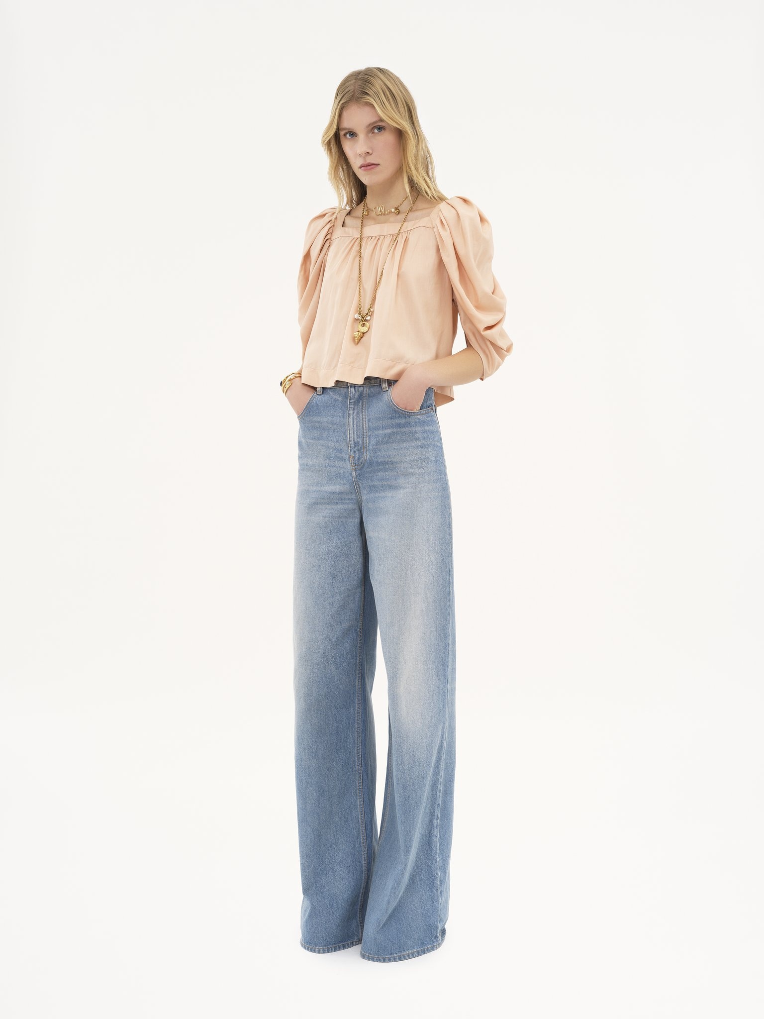 PUFF-SLEEVE PLEATED TOP IN SILK POPLIN - 3