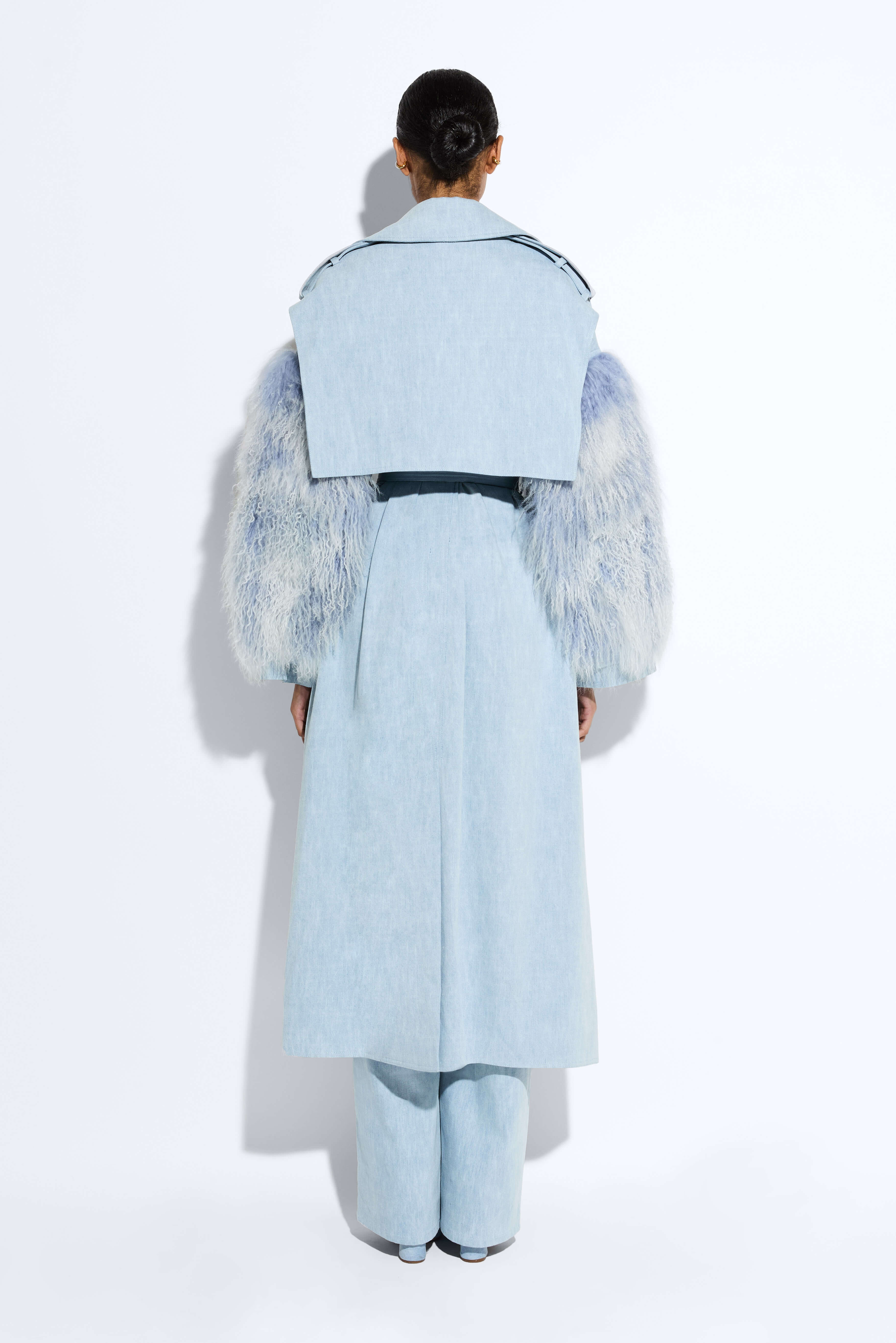Washed Denim Double Breasted Trench With Shearling - 3