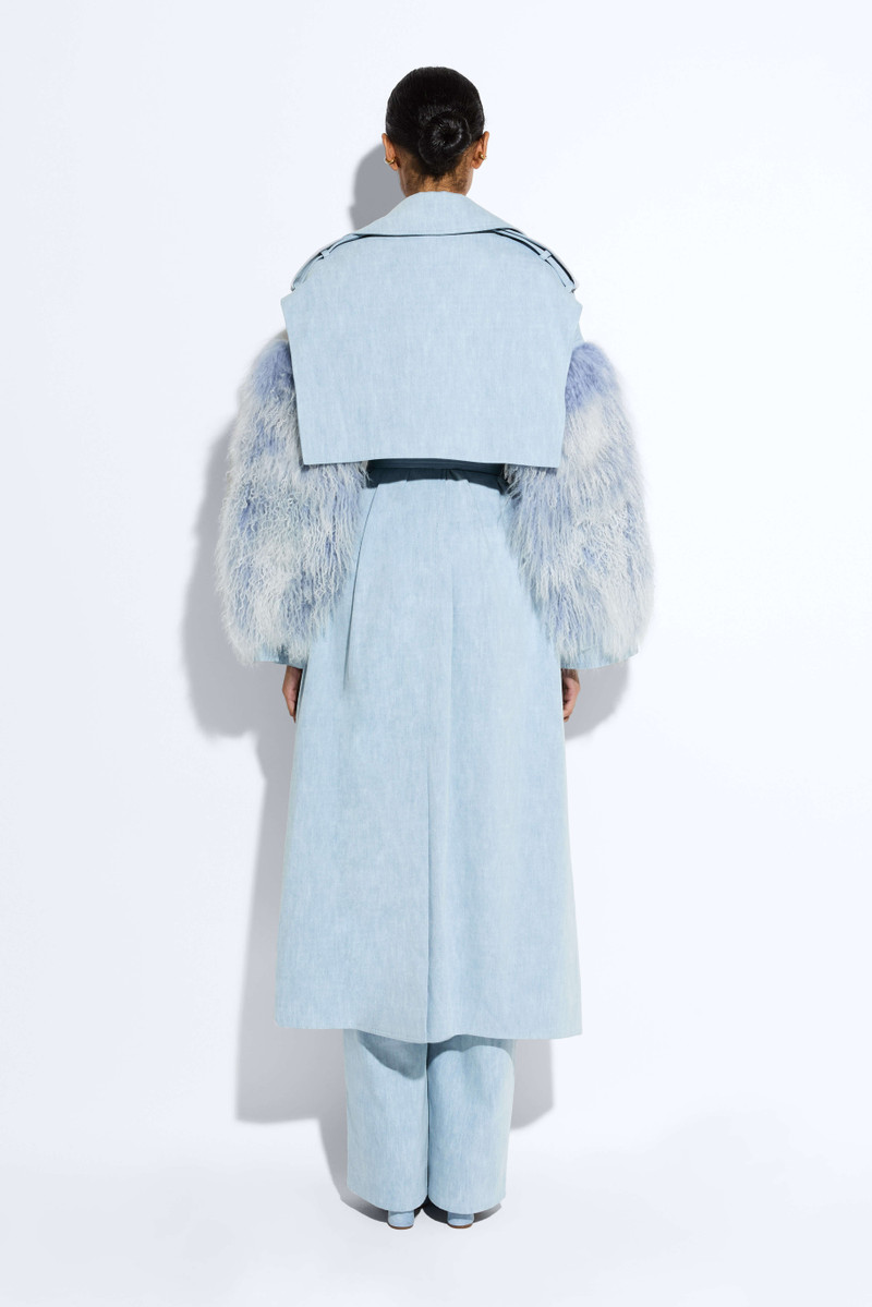 Washed Denim Double Breasted Trench With Shearling 3