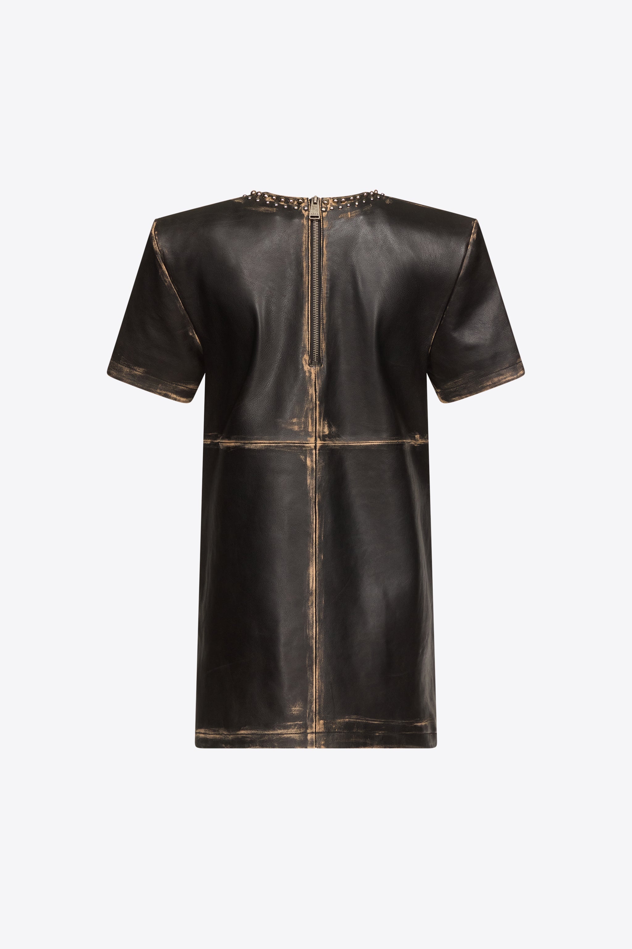STUDDED LEATHER V-NECK T-SHIRT DRESS - 2
