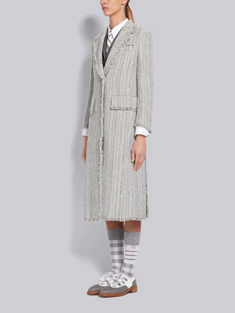 Thom Browne Light Grey Woven Cotton Tweed Frayed Wide Lapel Overcoat outlook