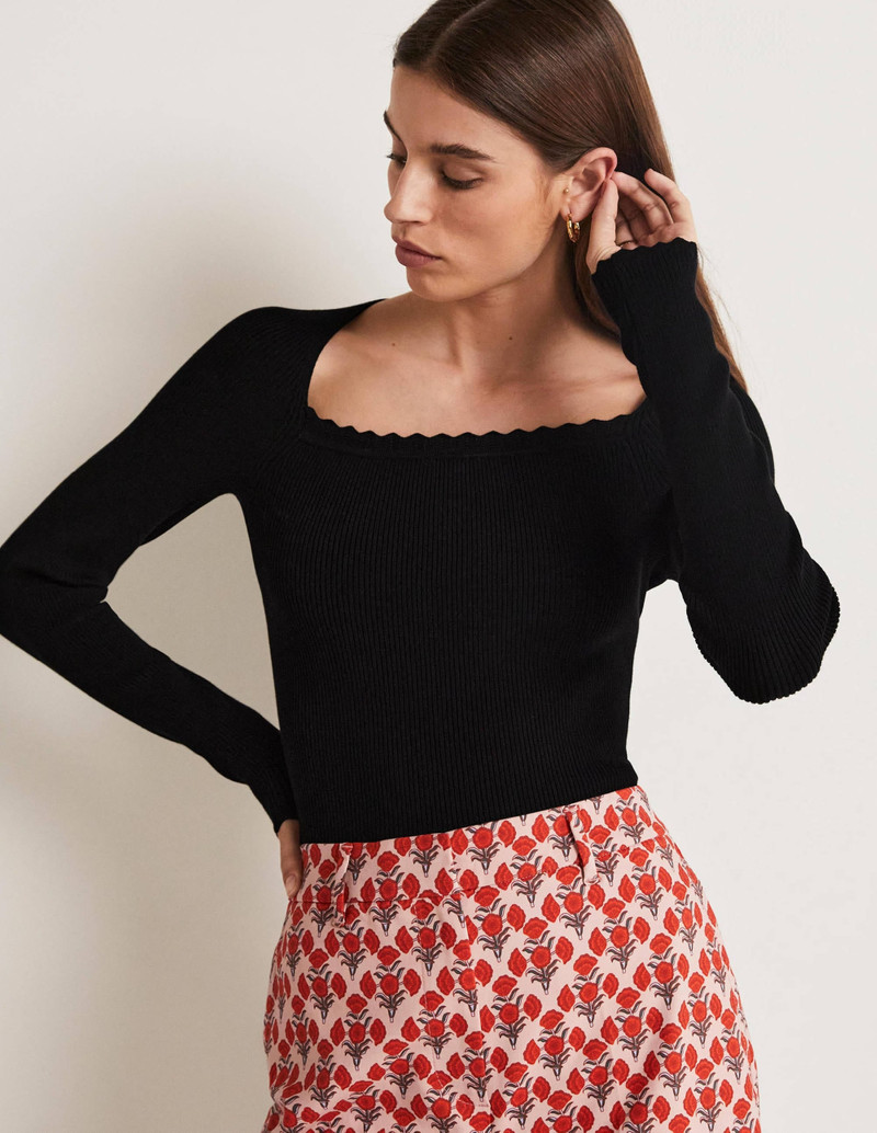 Ribbed Square Neck Knitted Top-Black 6