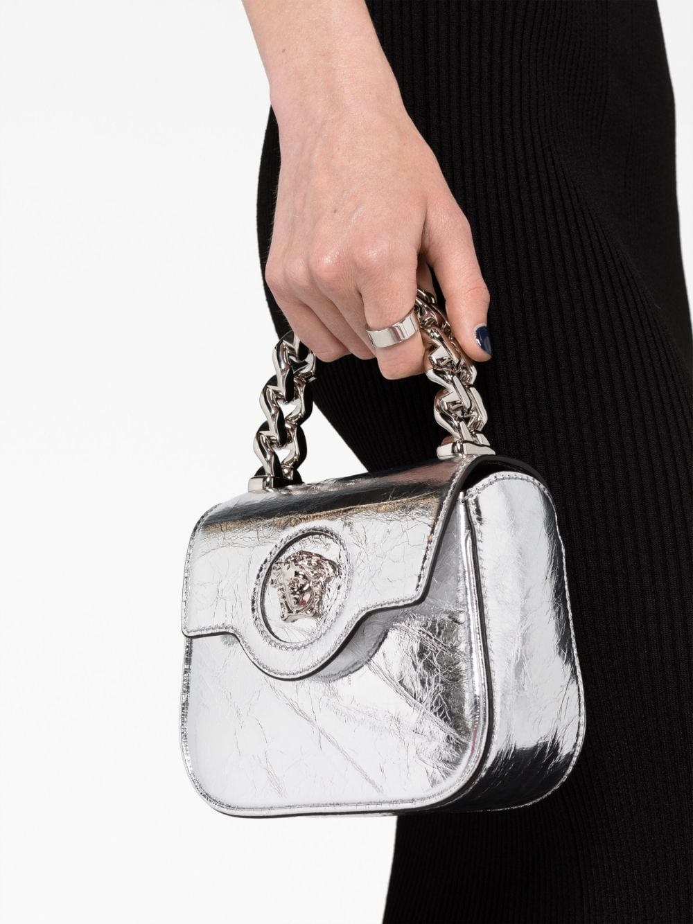 Shop Versace La Vacanza Micro Medusa Metallic Leather Top-Handle Bag