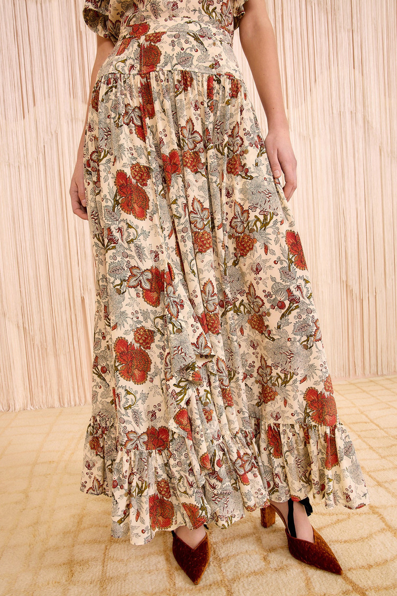 ULLA JOHNSON Lilou Silk High Waist Ruffle Midi Skirt outlook