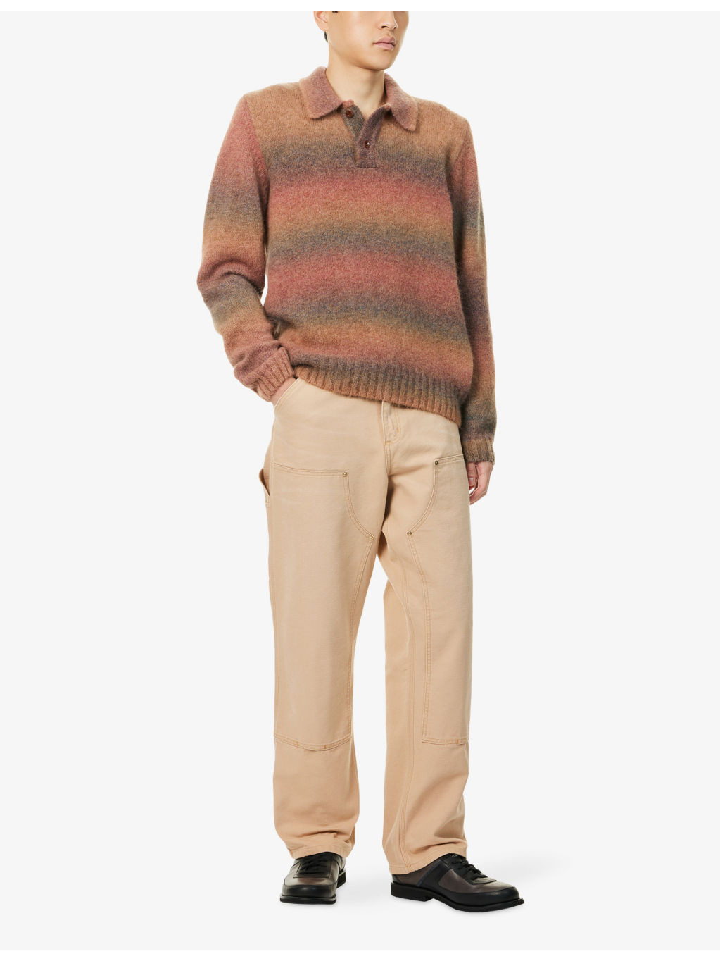 Dye-Effect Long-Sleeve Alpaca Blend Polo Knit Top - 2