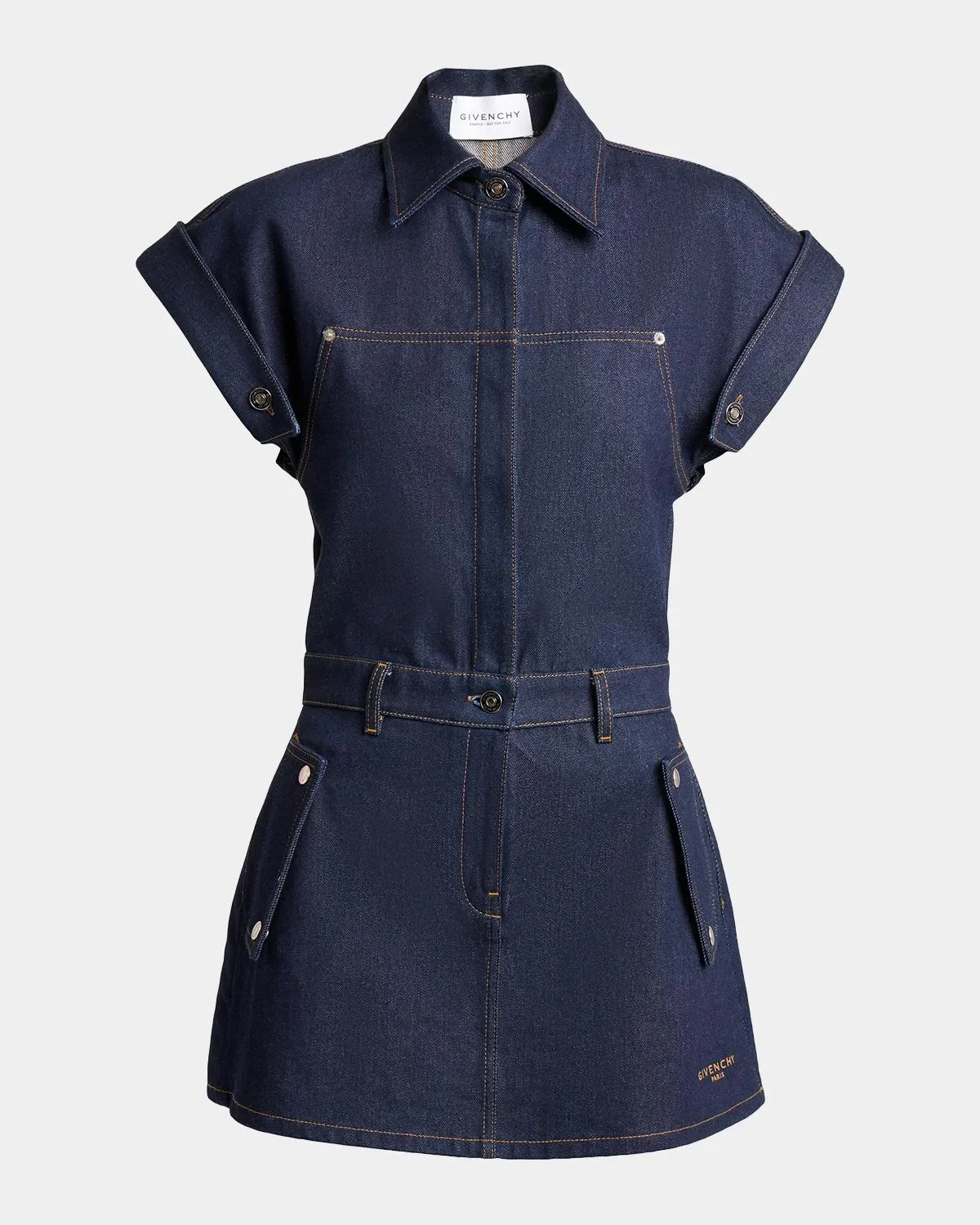 Cap-Sleeve Raw Denim Mini Shirtdress - 1