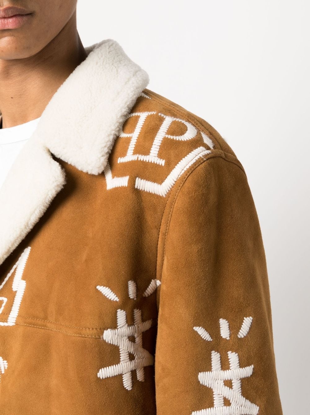 logo-embroidered suede coat - 5