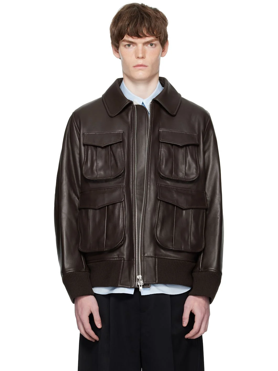 Brown Oversized Multi Pocket Aviator Leather Jacket - 1