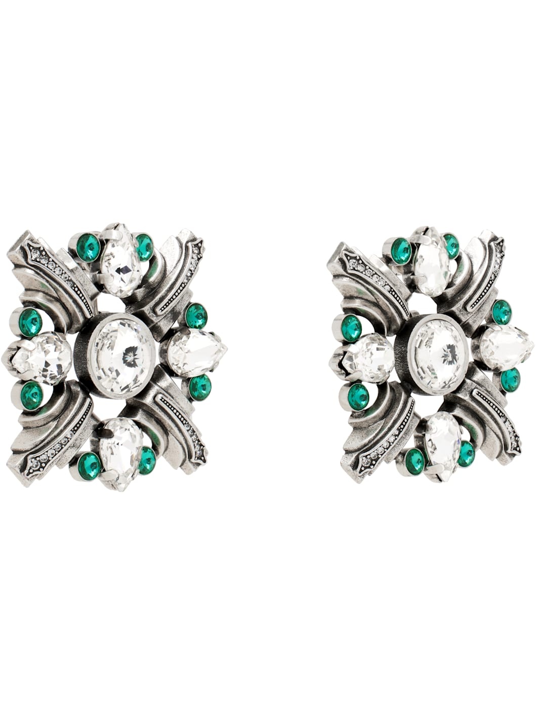 Silver & Green Crystal Brooch Earrings - 2