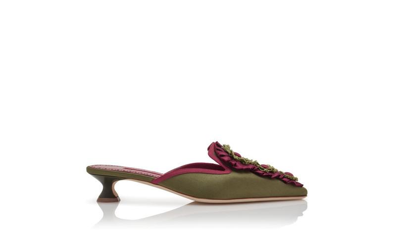 Khaki Silk Rosettes Detail Mules 1