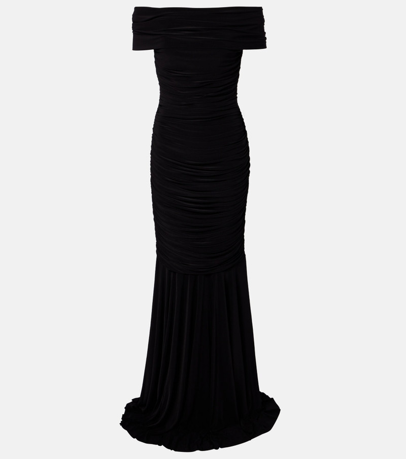 Off-shoulder ruched jersey gown 1