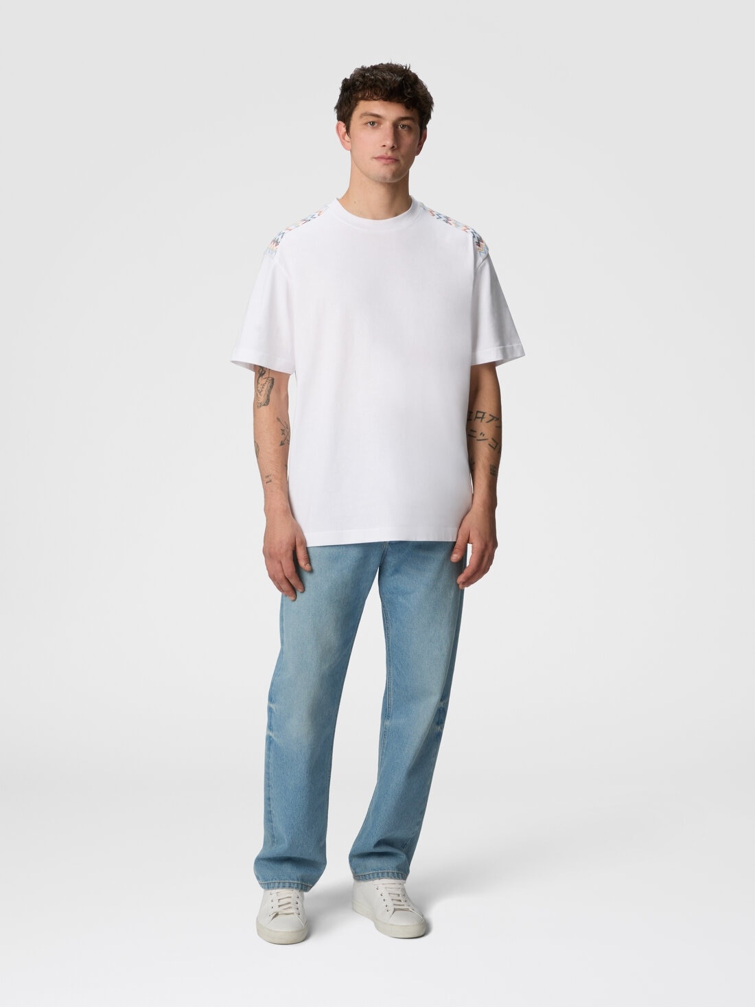 Cotton crewneck T-shirt with chevron inserts on the shoulders - 2
