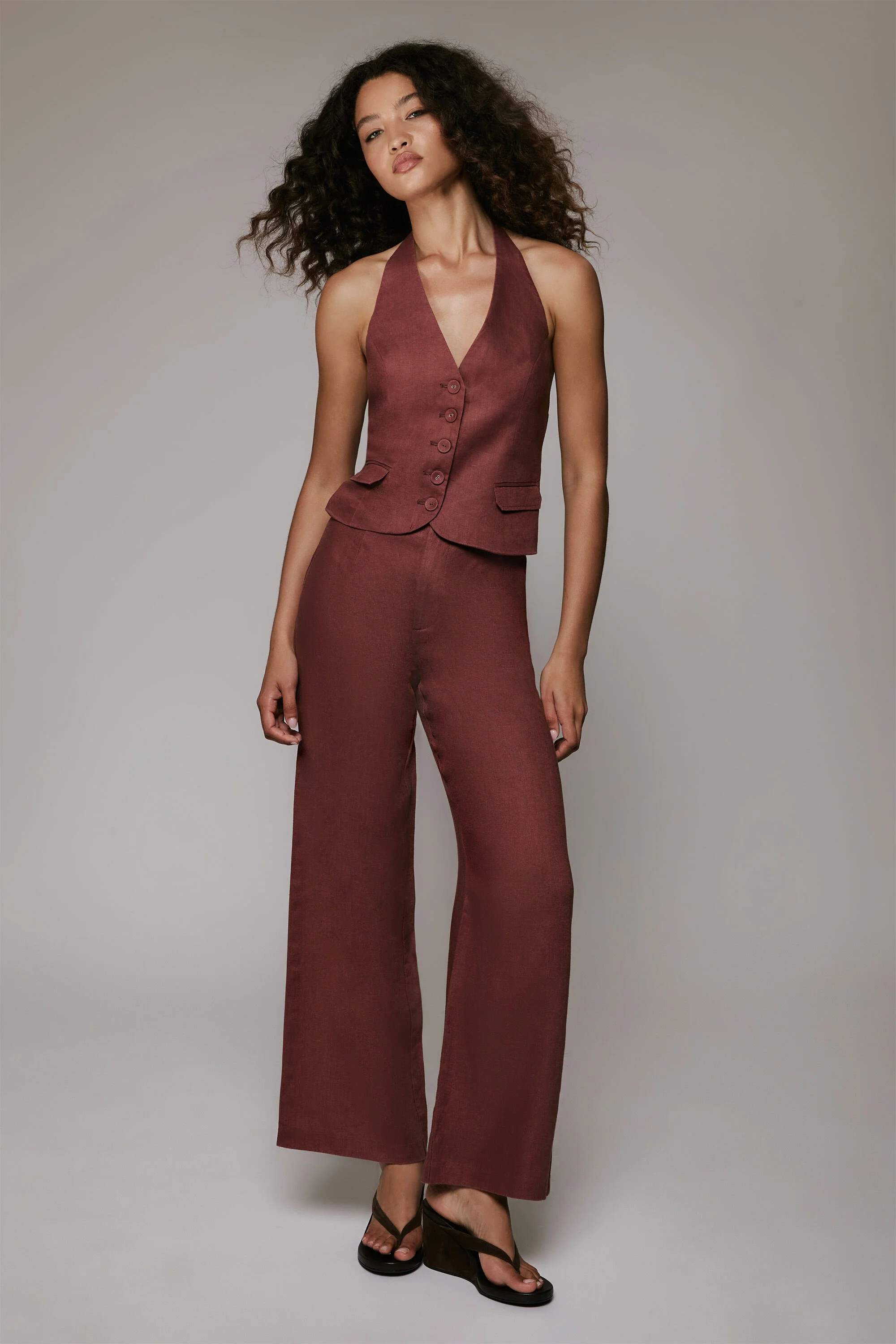 Domenica Mid Rise Linen Pant In Chestnut - 1