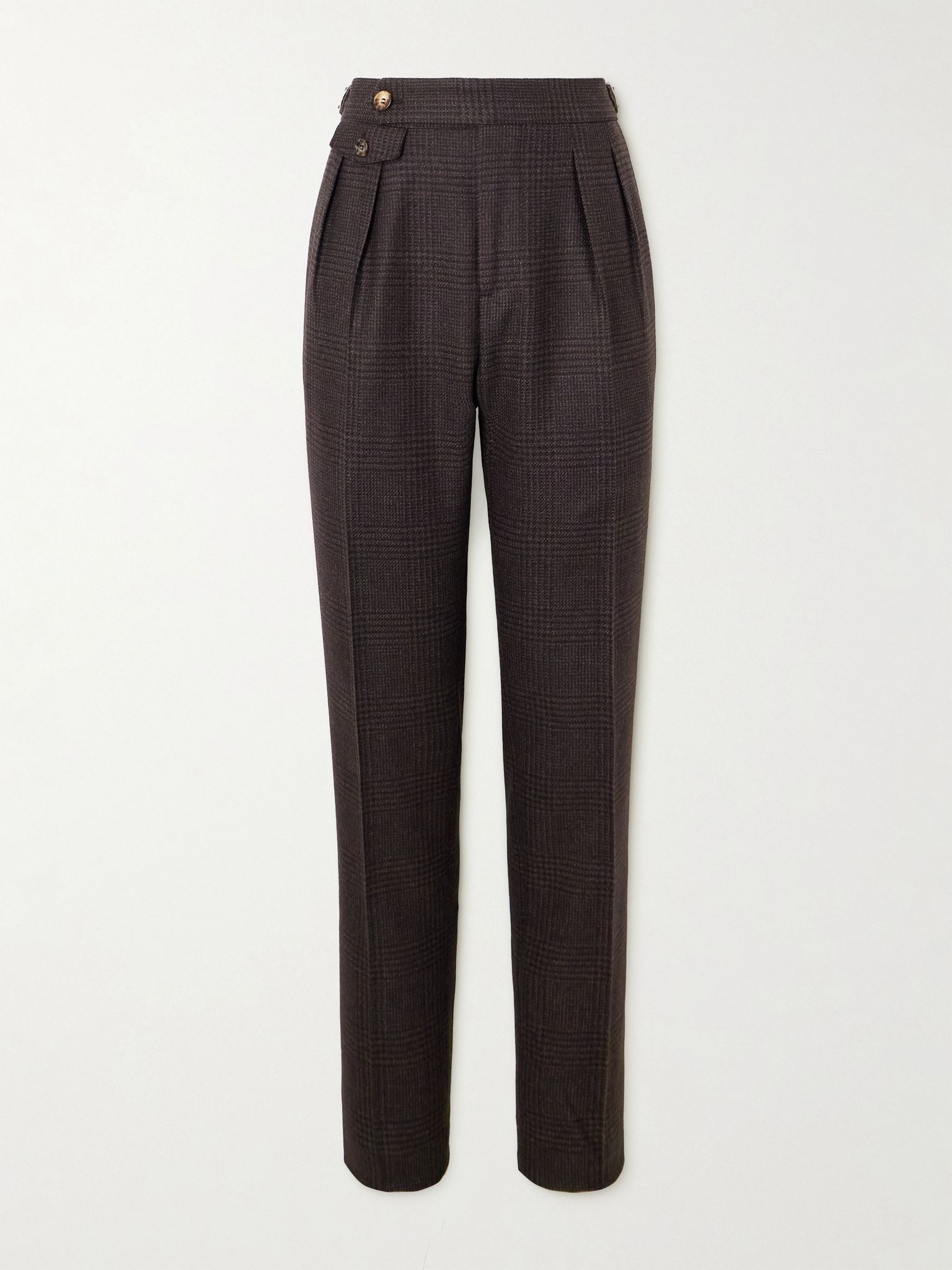 Straight-Leg Pleated Prince of Wales Wool, Cashmere and Silk-Blend Suit Trousers Brown - 1