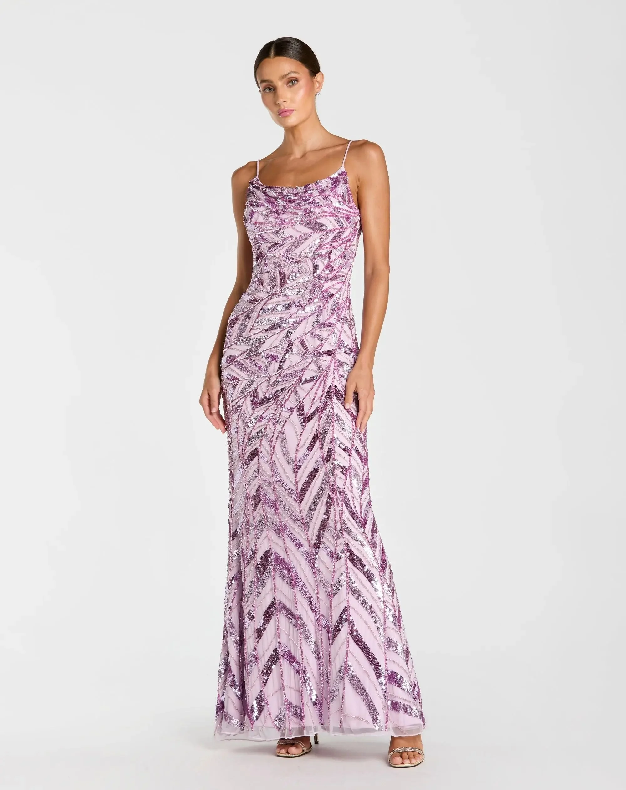 Purple Embellished Cowl Back Evening Gown - 1