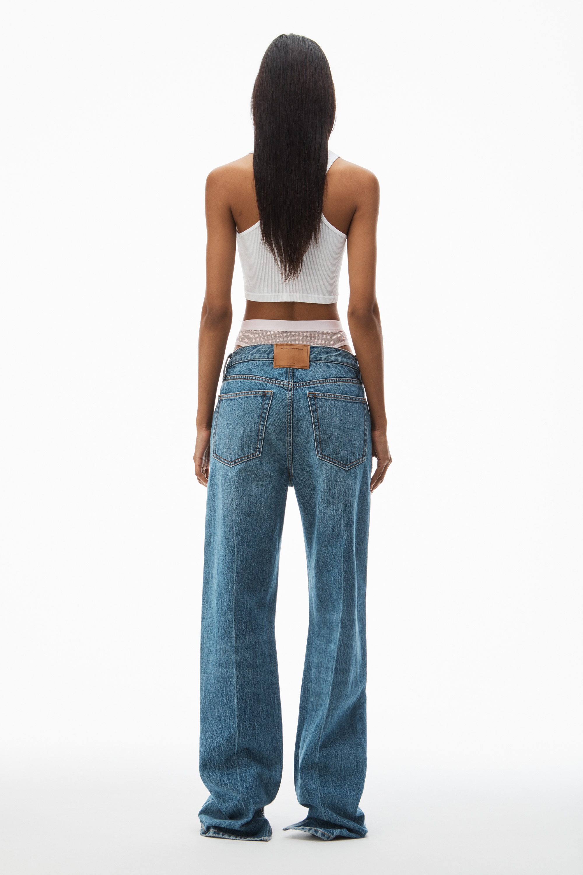 pre-styled straight-leg slit-hem jeans in cotton - 5