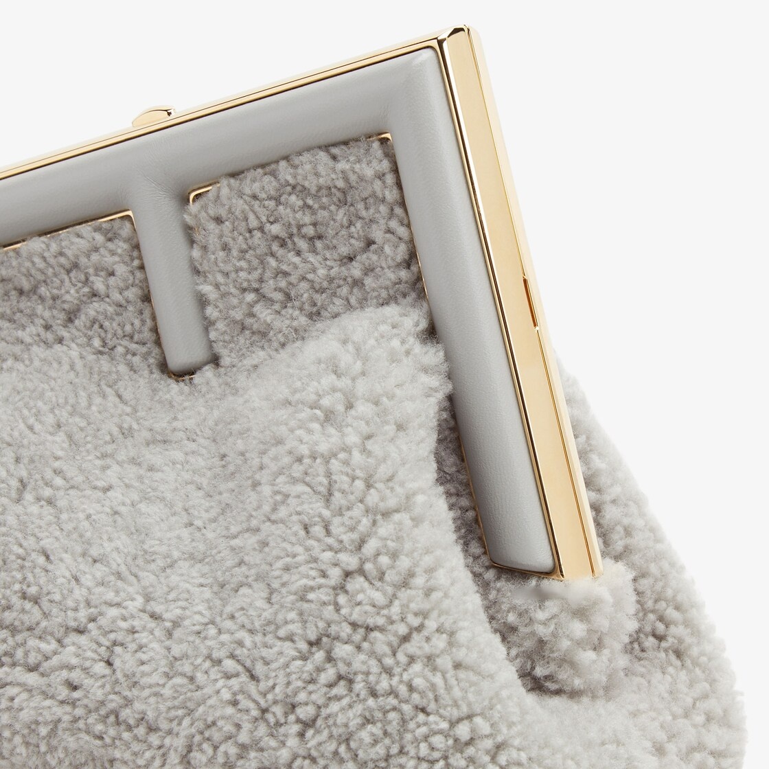 Small Fendi First bag made of soft, pale gray sheepskin with oversized metal F clasp bound in tone o - 5