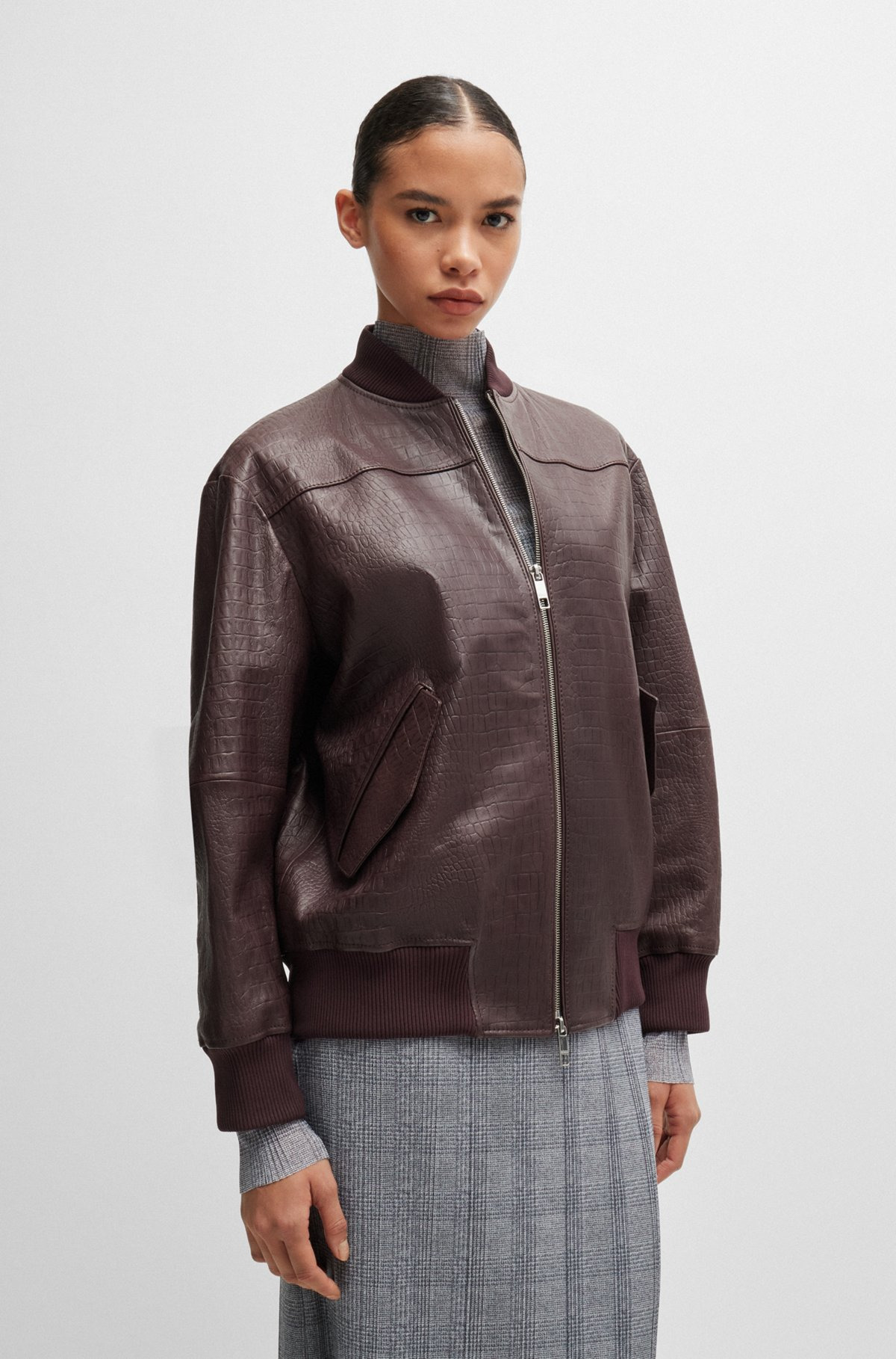 LEATHER BOMBER JACKET WITH EMBOSSED CROCODILE MOTIF - 2