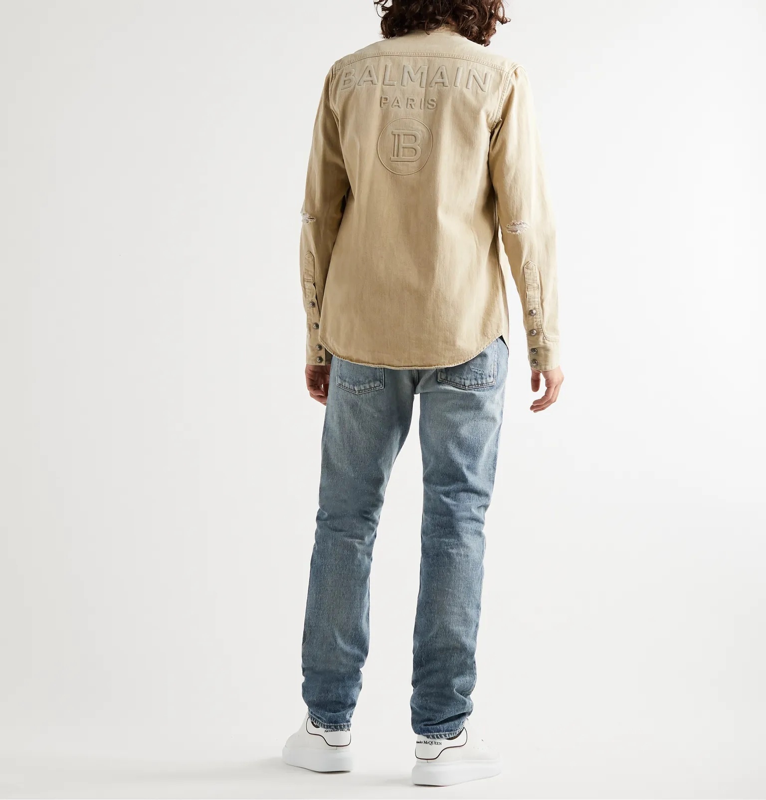 Logo-Embossed Distressed Denim Western Shirt - 2