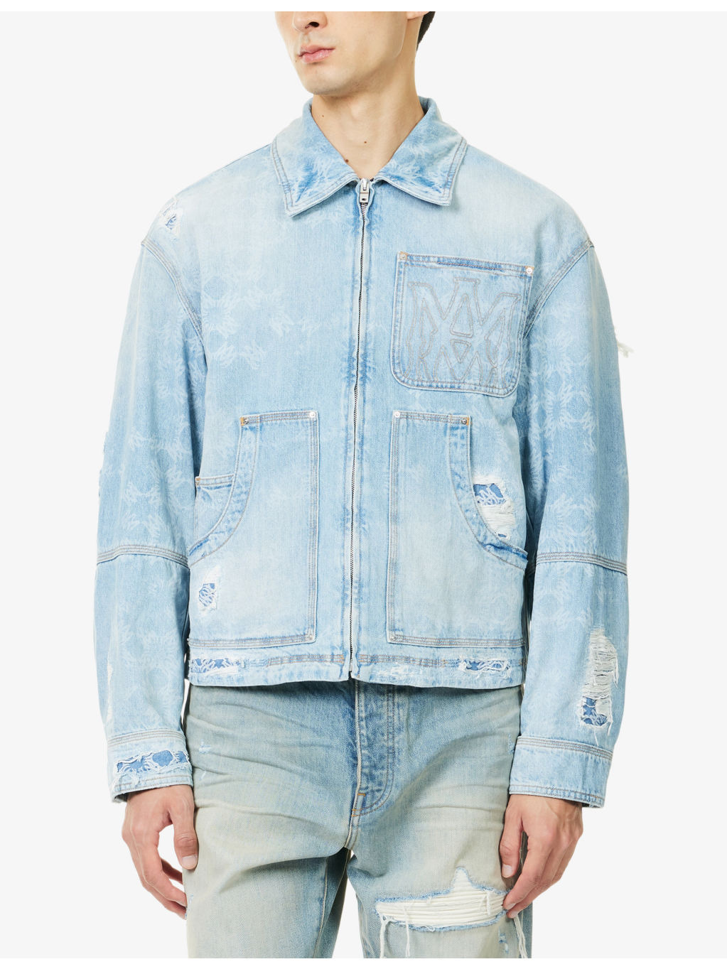 Embroidered-Logo Distressed Denim Jacket - 3