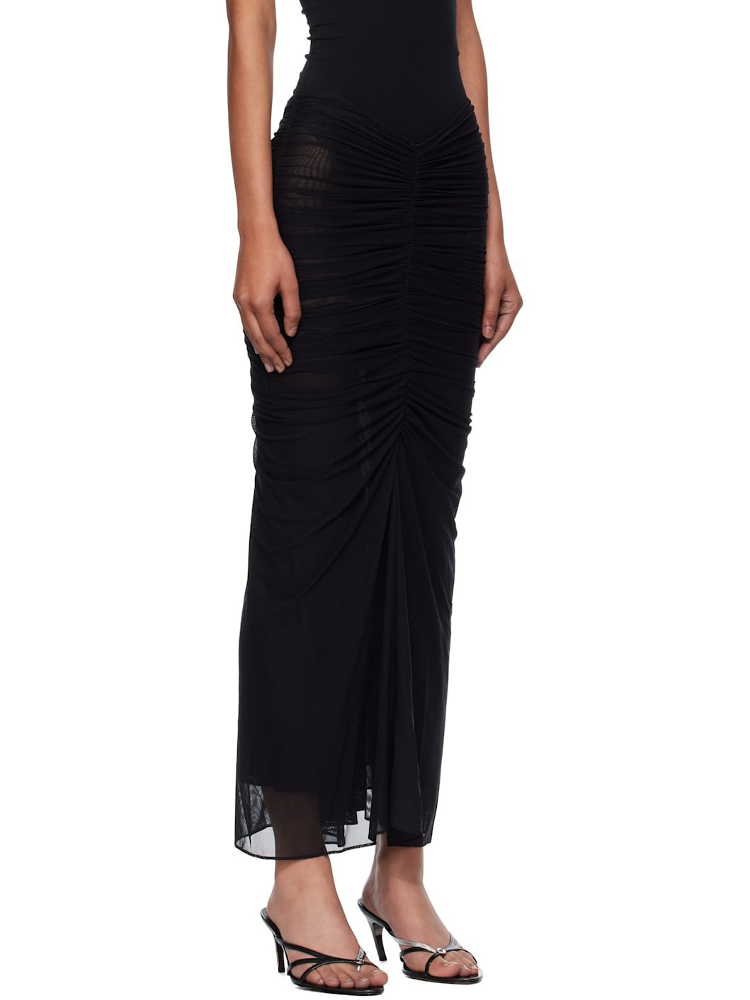 Black Ruched Mesh Midi Skirt - 2