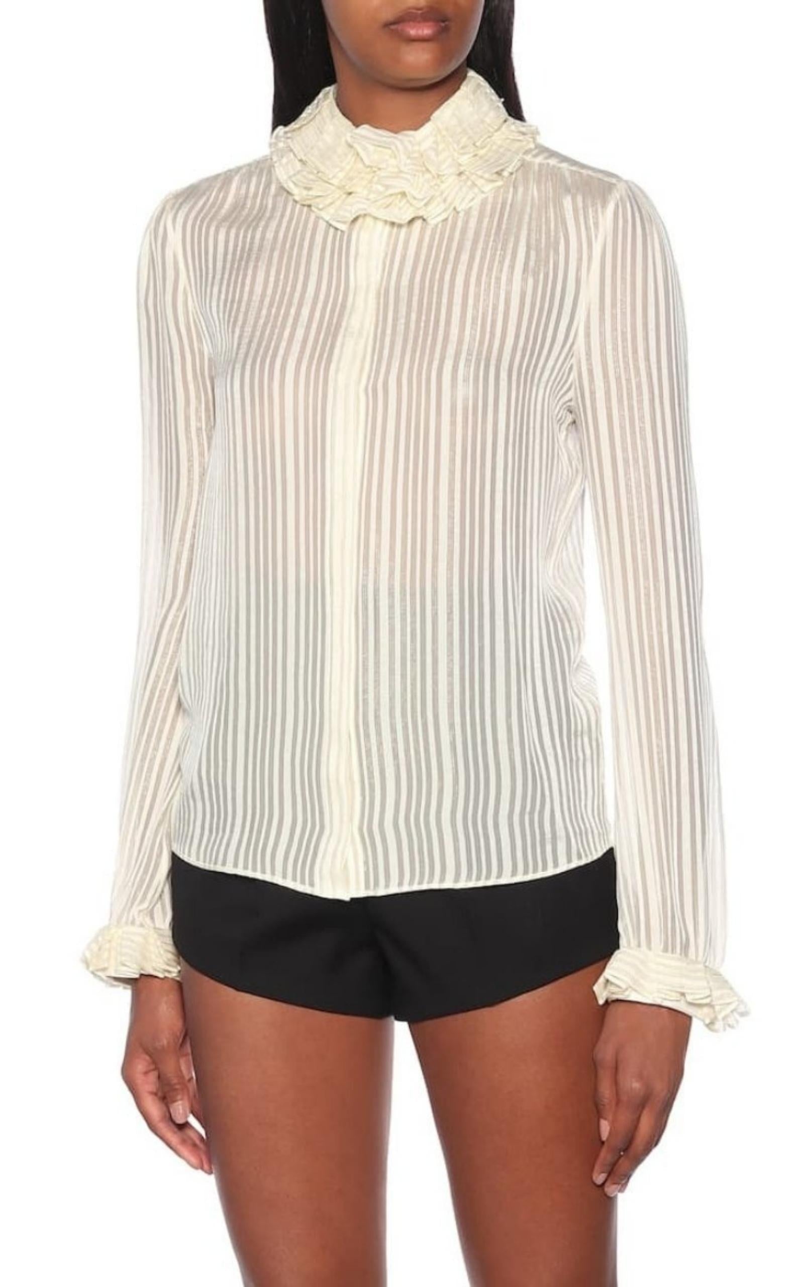 Ivory Ruffle-collar Striped Silk Shirt - 4