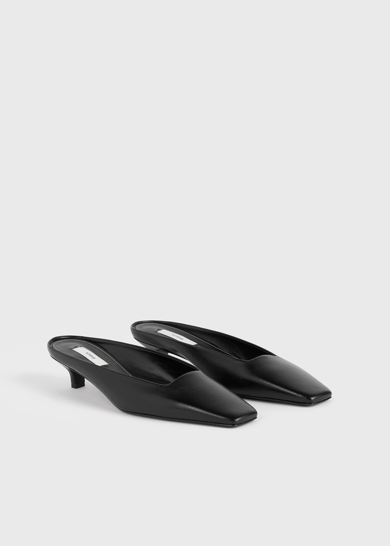 Square leather kitten mules black 7