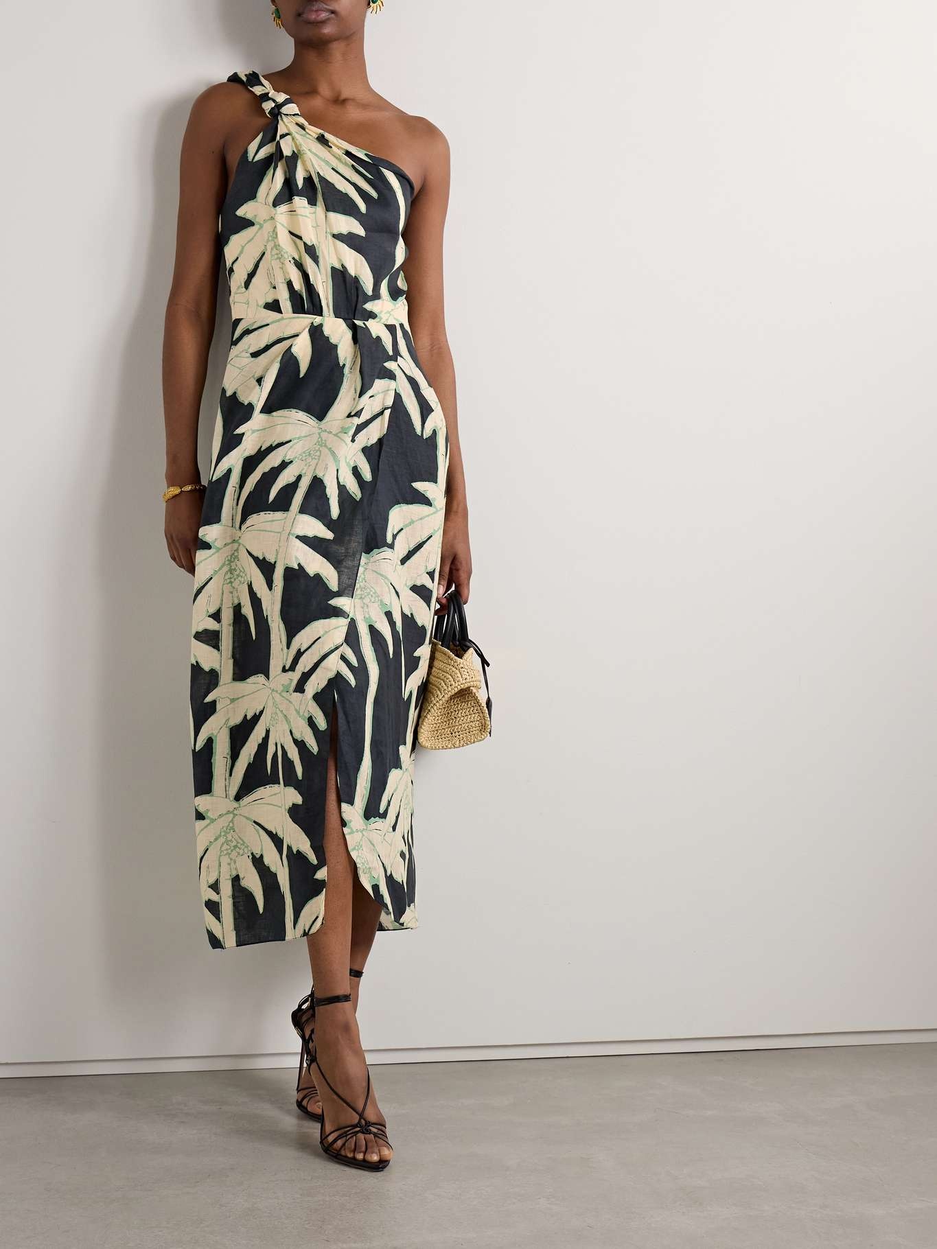 Dark Palms one-shoulder printed linen wrap-effect midi dress Black - 2
