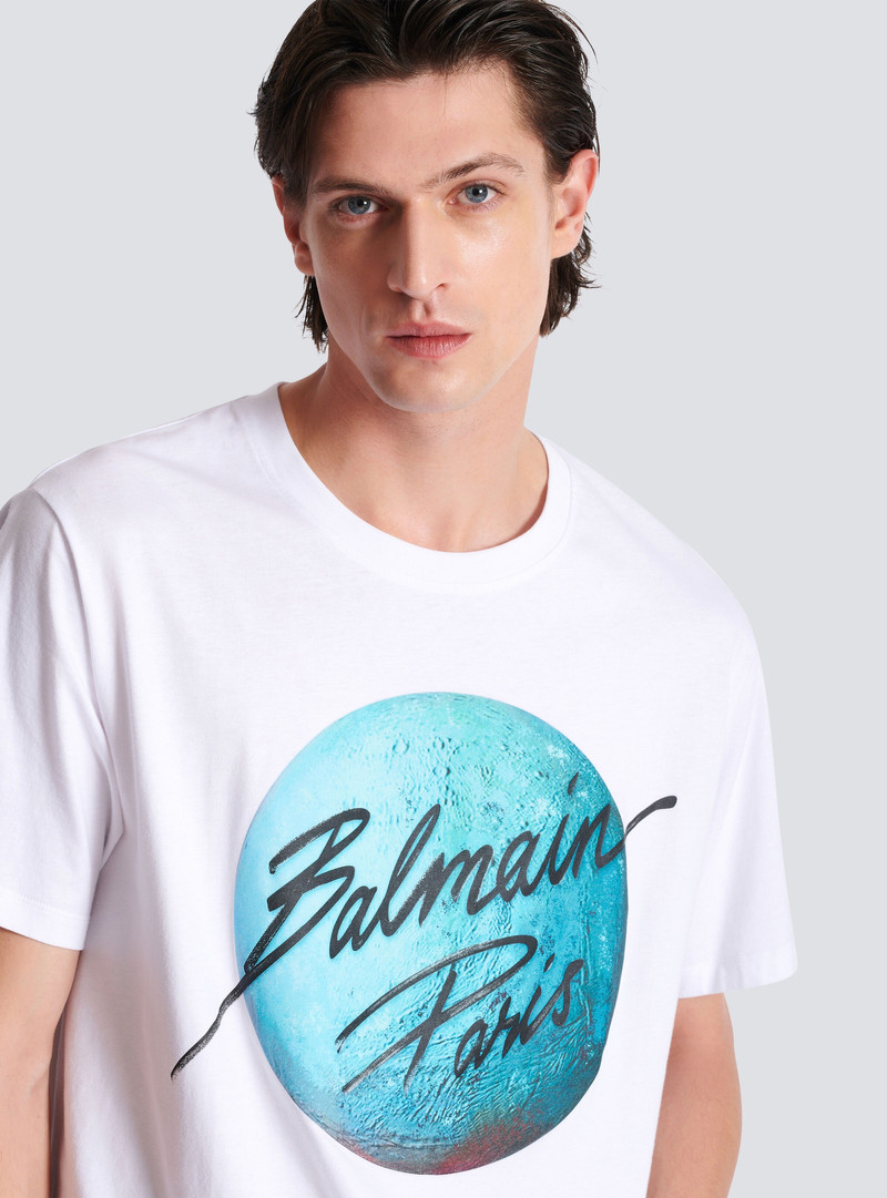 Printed Balmain Paris logo and planet T-shirt 7