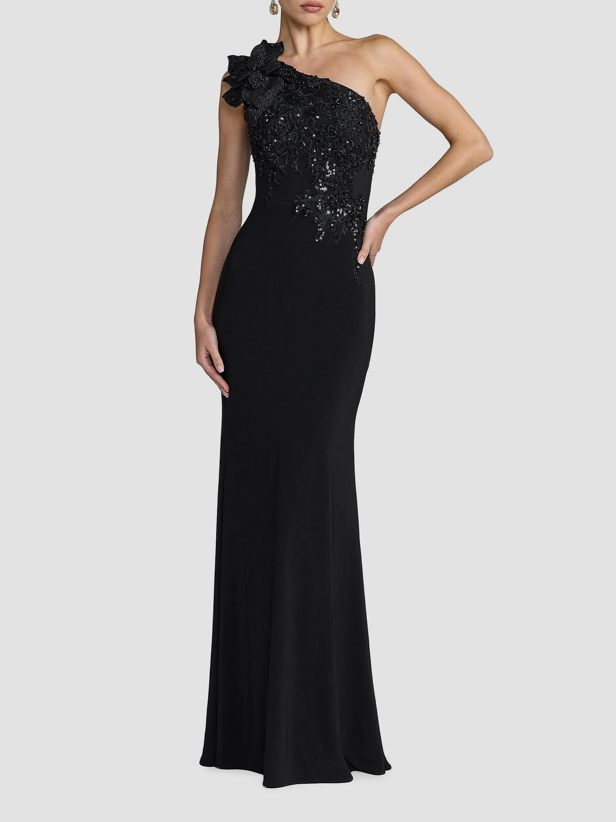 Women's Flower Sequin One-Shoulder Jersey Gown - Black - 1