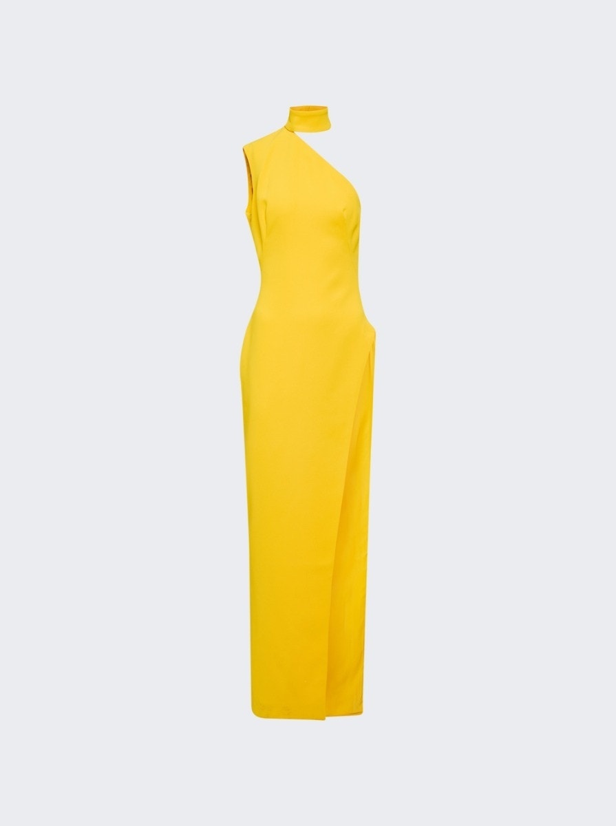 Asymmetrical High Neck Shoulder Dress Yellow - 1