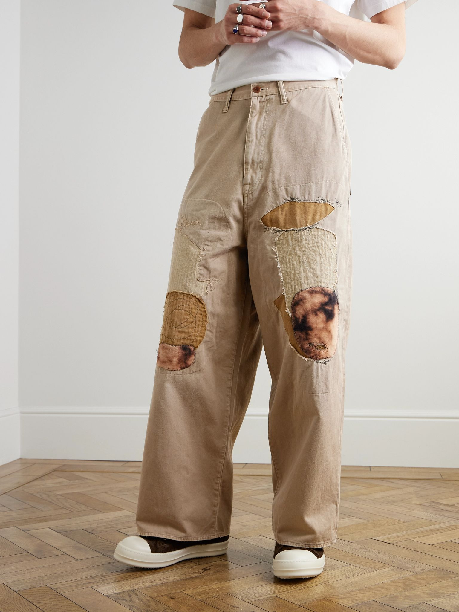 Katsuragi Port Straight-Leg Patchwork Distressed Cotton-Twill Trousers Neutral - 3