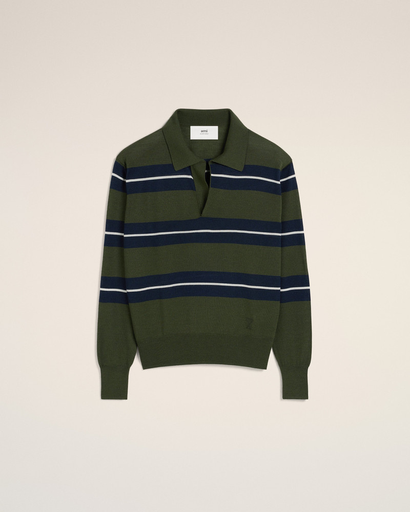 AMI Paris GREEN WOOL SILK TONAL STRIPED POLO outlook