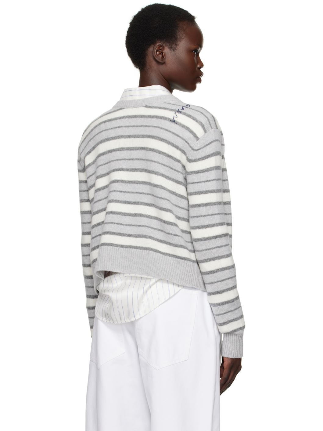 Gray & White Striped Open Back Sweater - 3