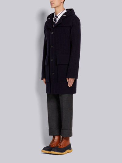 Thom Browne Navy Cable Knit Boiled Merino Wool Center Back Intarsia Stripe Hooded Duffle Coat outlook