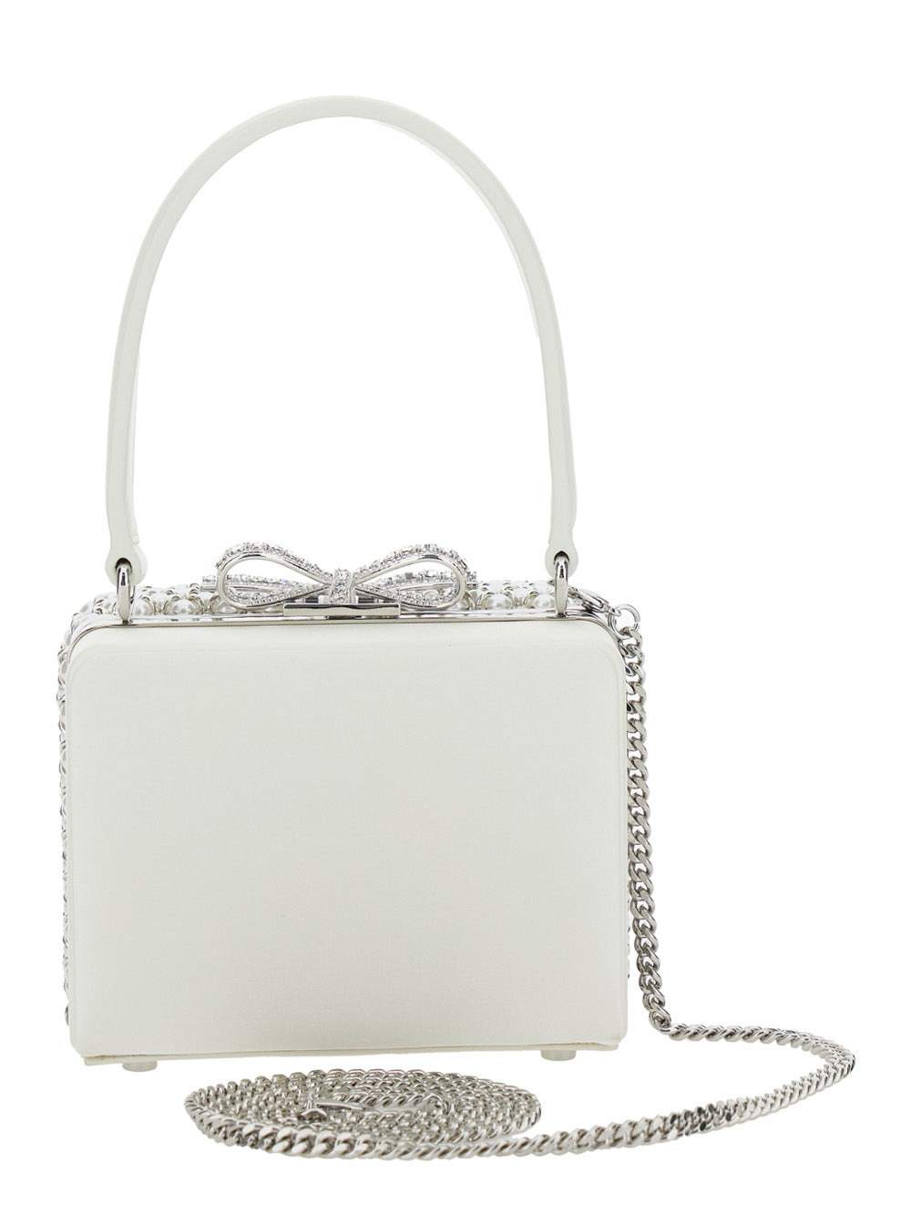 Self-Portrait Women White Handbag With Faux-Pearl Embellishments On The Front And Bow Detail In Leat - 4