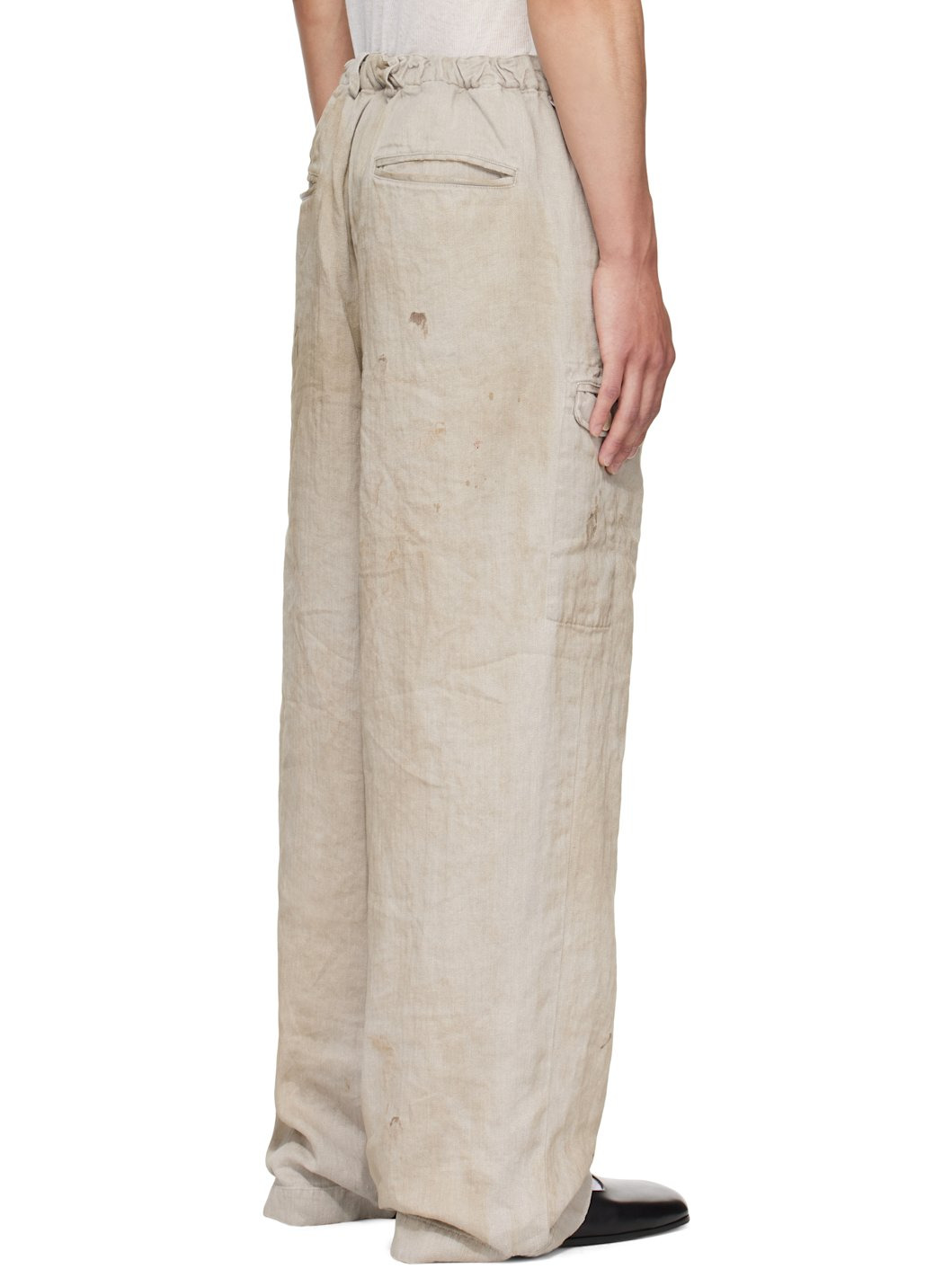 Beige Heavy Linen Herringbone Wide Easy Trousers - 3