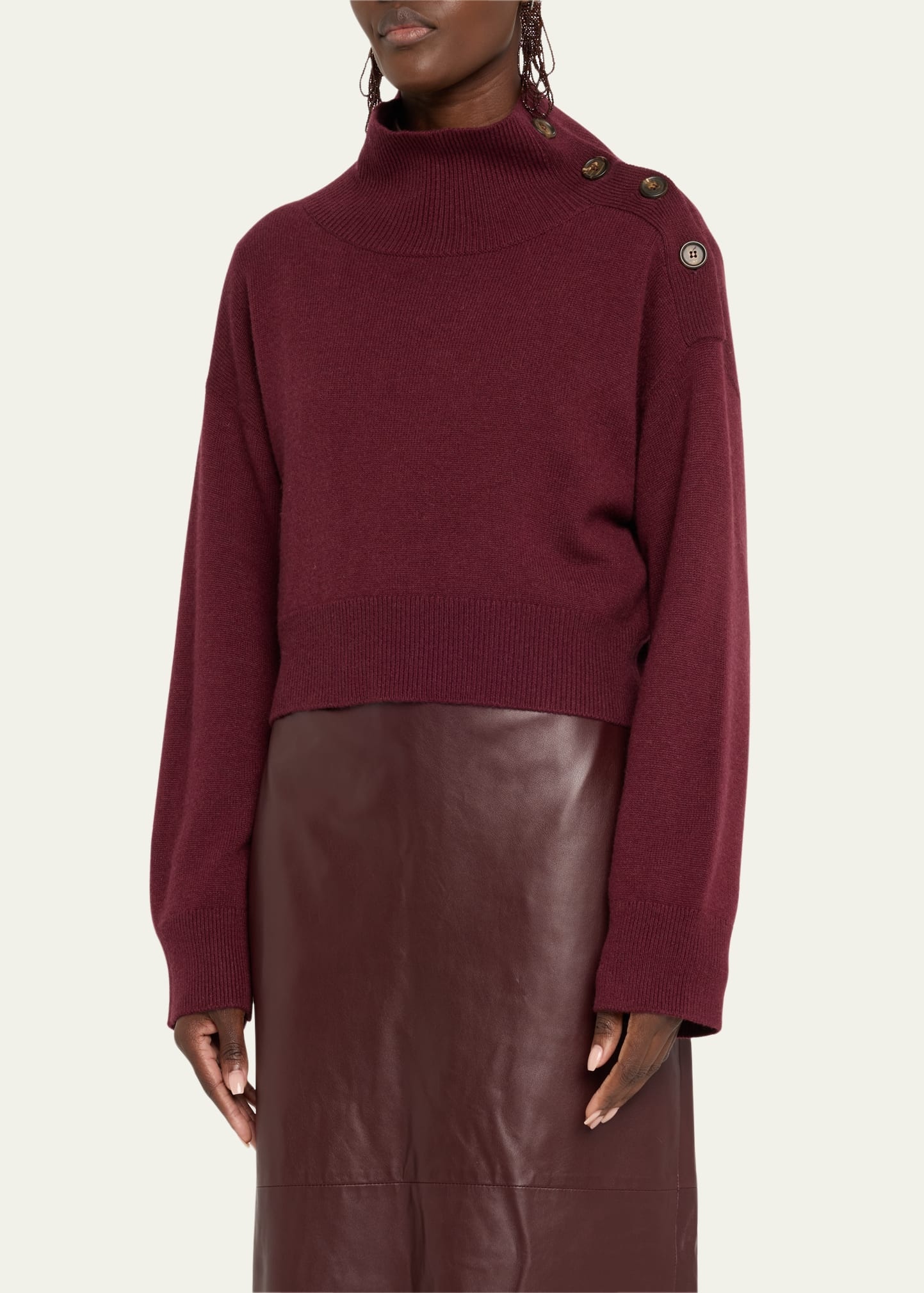 Turtleneck Button-Shoulder Cashmere Crop Sweater - 4