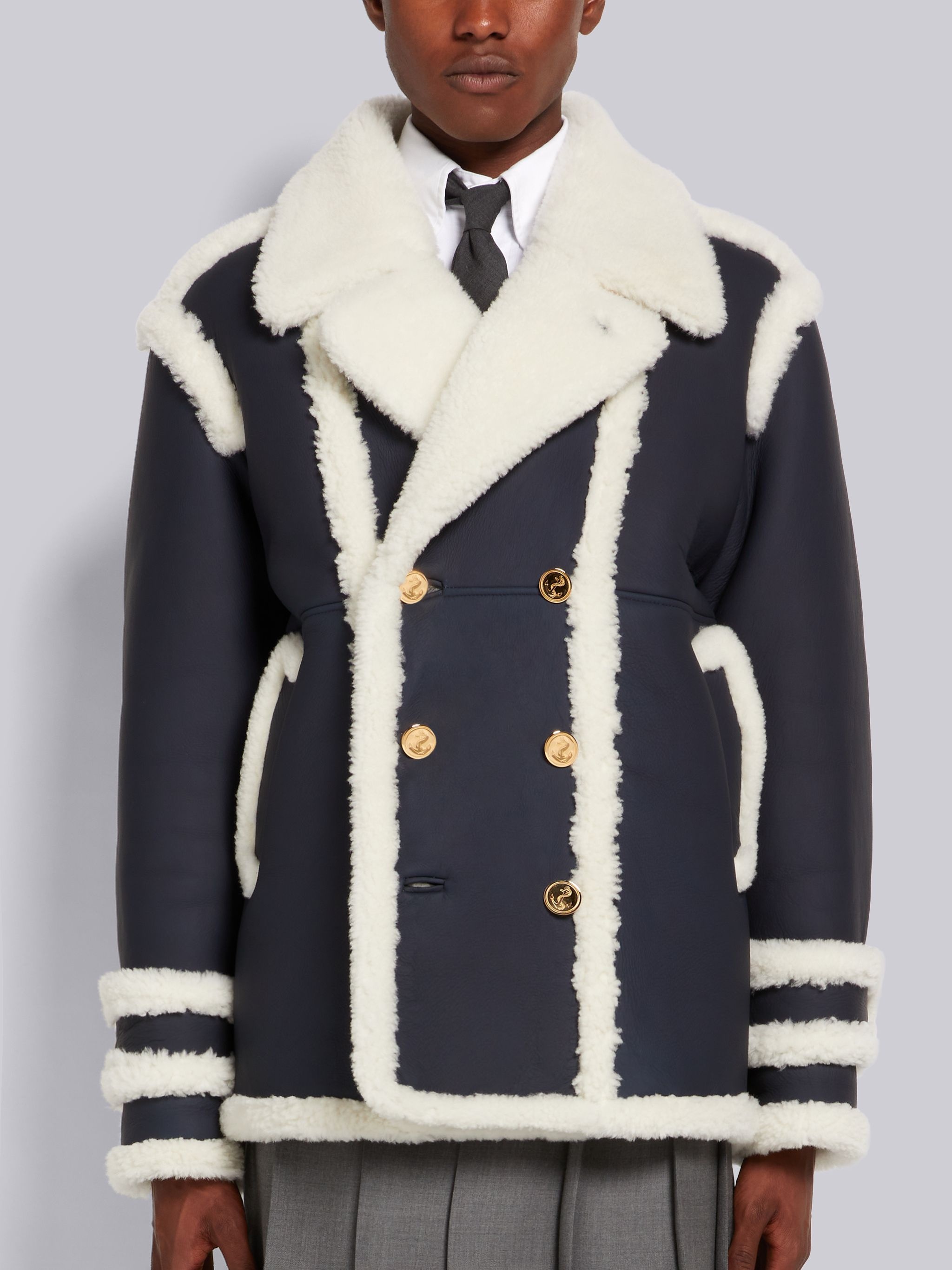 Navy Bicolor Dyed Shearling Peacoat - 1