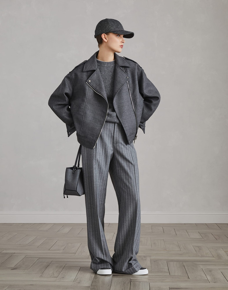 Virgin wool mouliné chalk stripe loose flared trousers with monili 4