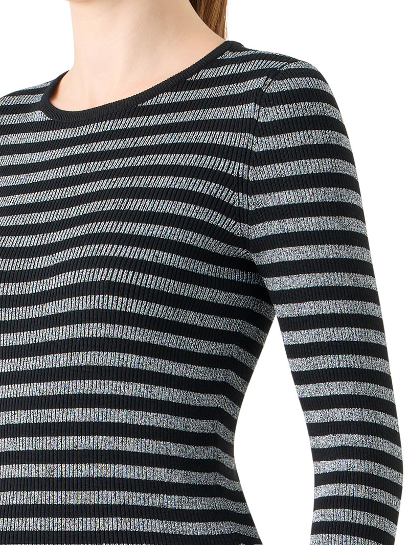 Women's Metallic Striped Merino Wool Rib-Knit Sweater - Black Brushed Steel 6