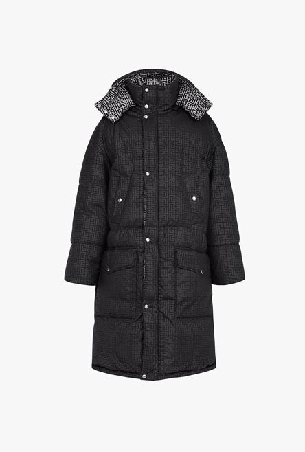 Long ivory and black nylon reversible quilted coat with Balmain monogram - 1