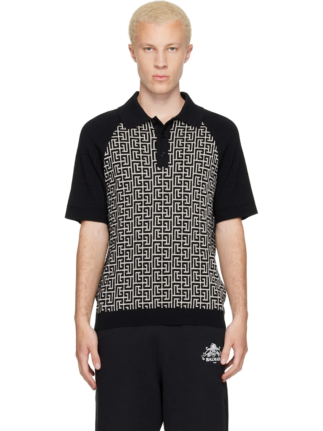 Black & White Monogram Cotton Linen Knit Polo - 1