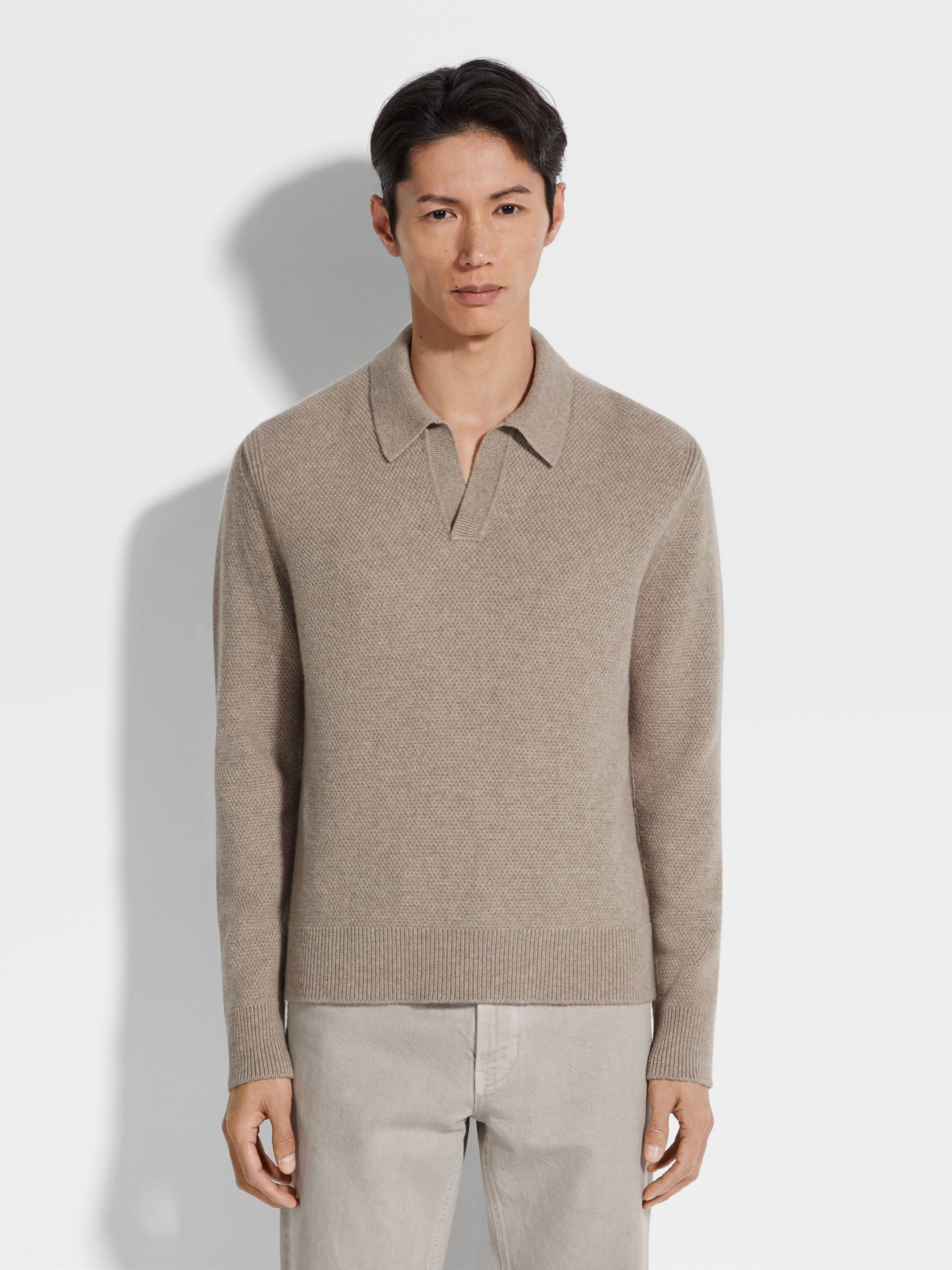 LIGHT TAUPE MÉLANGE OASI CASHMERE POLO SHIRT - 4