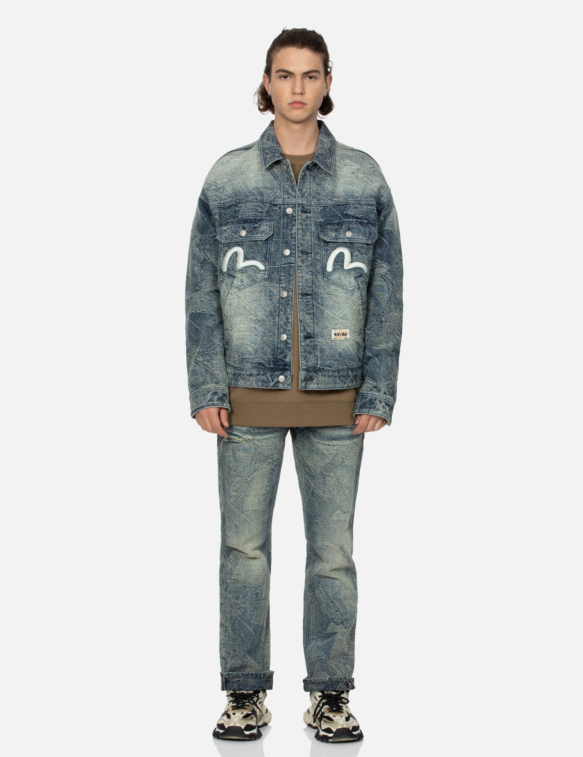 ALLOVER POCKET PRINT AND SEAGULL EMBROIDERY LOOSE FIT DENIM JACKET - 5
