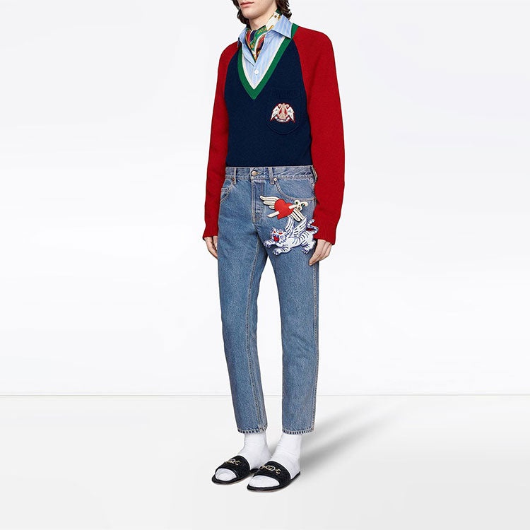Gucci V-neck Wool Sweater With Lyre 'Blue' 575504-XKATG-4278 - 2