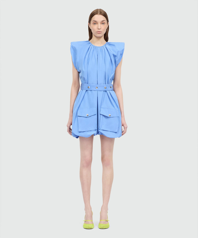 MSGM Light blue taffeta dress with straight shoulders and balloon skirt, belt detail with metal buttons outlook