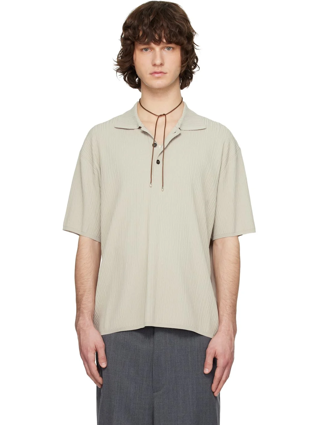 Beige Crease Short Sleeve Collared Knit Polo - 1